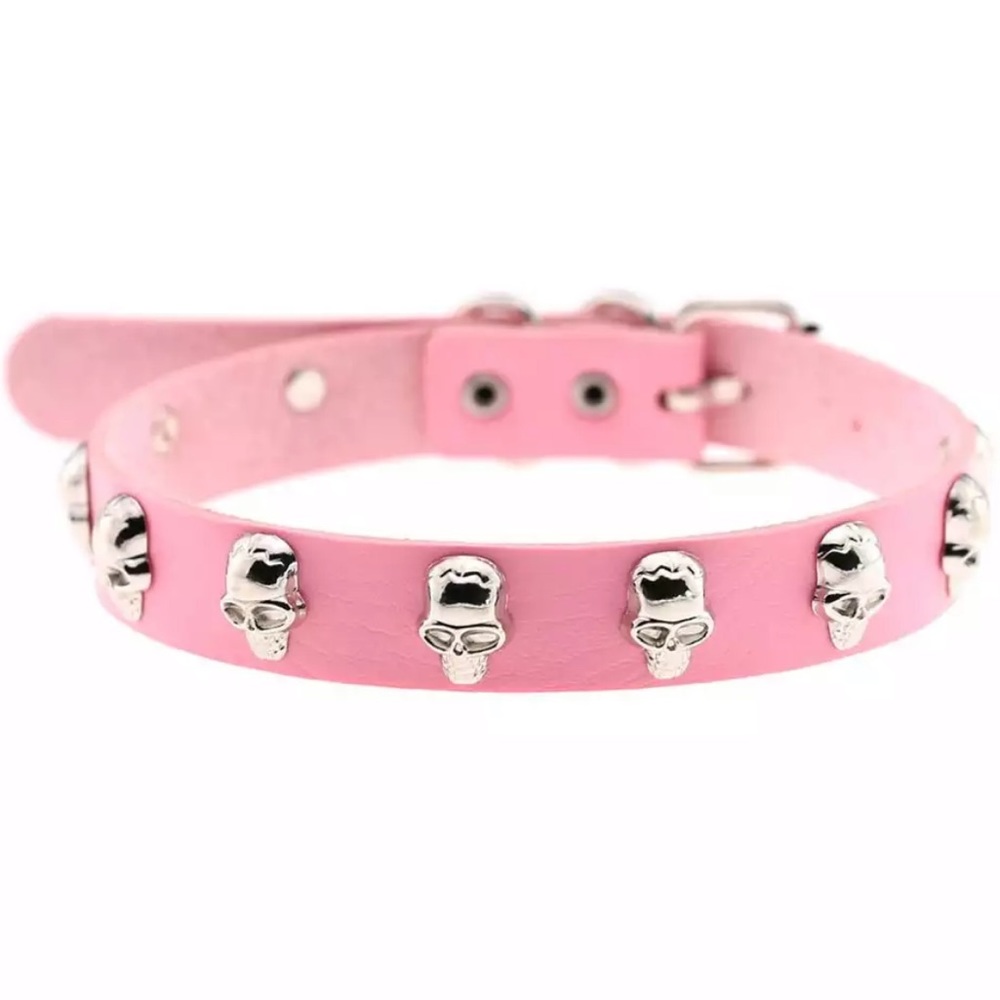 Pink chunky skull studded leather choker